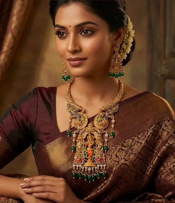 Viva_Jewels_Royal_Antique_Gold-Plated_Lord_Krishna_Temple_Necklace_Set_–_Exquisite_Nakshi_Work_Pendant_with_Peacock_Motifs,_Green_Bead_Accents,_and_Matching_Earrings_for_Bridal_&_Festive_Wear