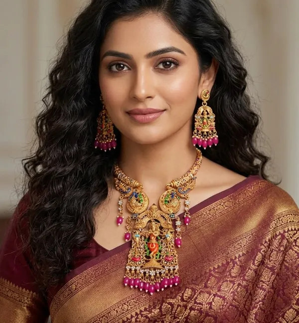 Viva_Jewels_Royal_Antique_Gold-Plated_Lord_Krishna_Temple_Necklace_Set_–_Exquisite_Nakshi_Work_Pendant_with_Peacock_Motifs,_Ruby_Pink_Bead_Accents,_and_Matching_Earrings_for_Bridal_&_Festive_Wear
