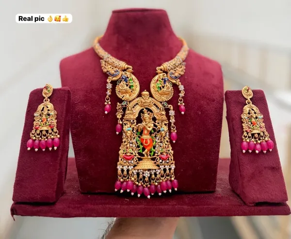 Viva_Jewels_Royal_Antique_Gold-Plated_Lord_Krishna_Temple_Necklace_Set_–_Exquisite_Nakshi_Work_Pendant_with_Peacock_Motifs,_Ruby_Pink_Bead_Accents,_and_Matching_Earrings_for_Bridal_&_Festive_Wear