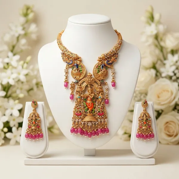 Viva_Jewels_Royal_Antique_Gold-Plated_Lord_Krishna_Temple_Necklace_Set_–_Exquisite_Nakshi_Work_Pendant_with_Peacock_Motifs,_Ruby_Pink_Bead_Accents,_and_Matching_Earrings_for_Bridal_&_Festive_Wear