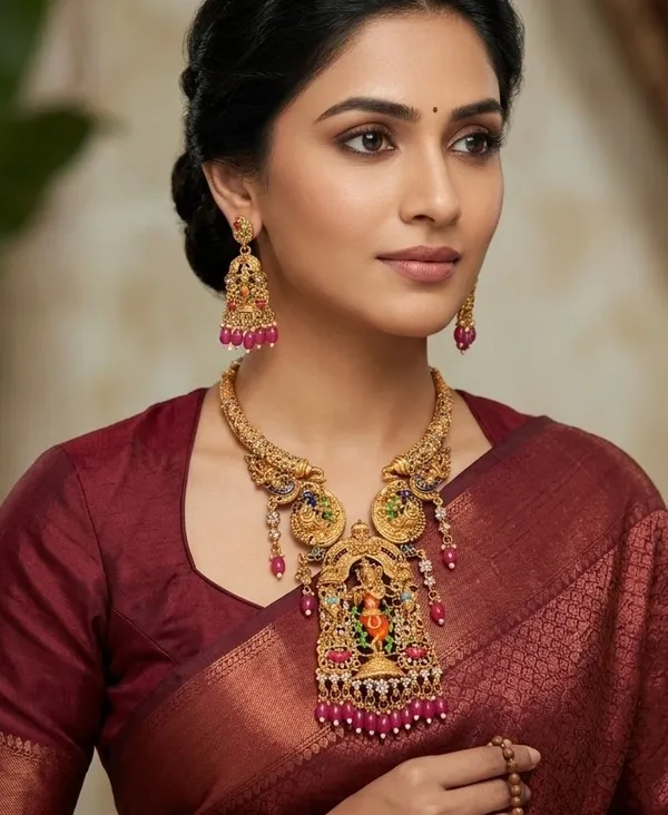 Viva_Jewels_Royal_Antique_Gold-Plated_Lord_Krishna_Temple_Necklace_Set_–_Exquisite_Nakshi_Work_Pendant_with_Peacock_Motifs,_Ruby_Pink_Bead_Accents,_and_Matching_Earrings_for_Bridal_&_Festive_Wear