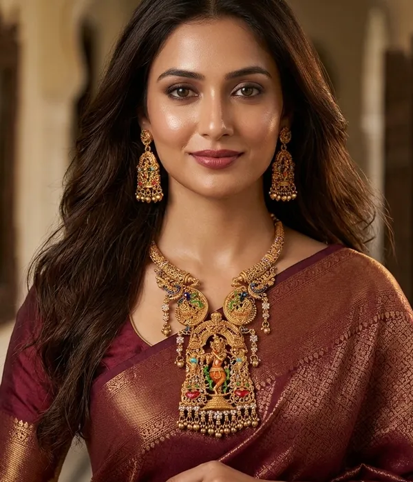 Viva_Jewels_Royal_Antique_Gold-Plated_Lord_Krishna_Temple_Necklace_Set_–_Exquisite_Nakshi_Work_Pendant_with_Peacock_Motifs_and_Matching_Jhumka_Earrings_for_Bridal_&_Festive_Wear