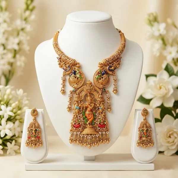 Viva_Jewels_Royal_Antique_Gold-Plated_Lord_Krishna_Temple_Necklace_Set_–_Exquisite_Nakshi_Work_Pendant_with_Peacock_Motifs_and_Matching_Jhumka_Earrings_for_Bridal_&_Festive_Wear
