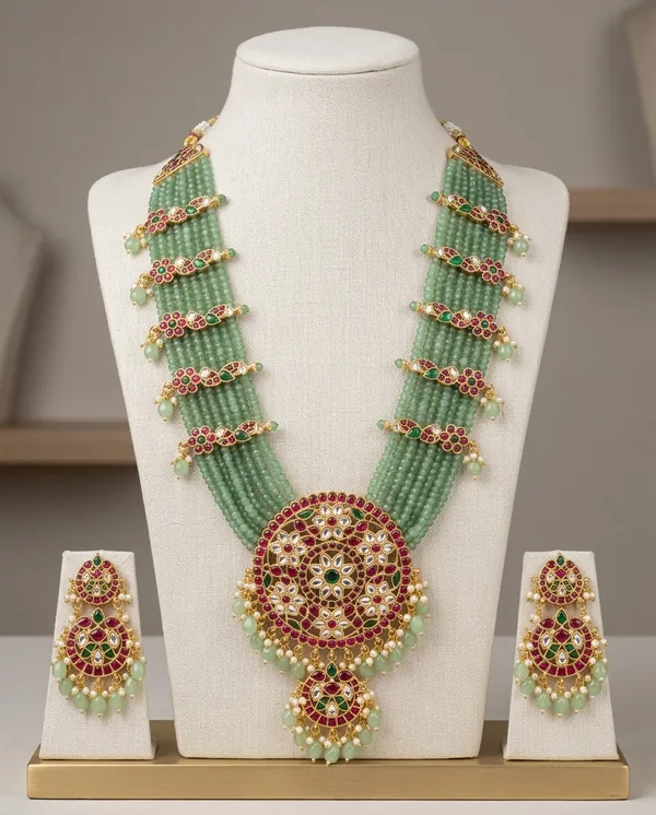 Viva_Jewels_Royal_Antique_Gold-Plated_Mehrab_Haram_Set_–_7-Strand_Mint_Green_Beaded_Long_Layered_Necklace_with_Ornate_Mandala_Pendant_&_Matching_Chandbali_Earrings