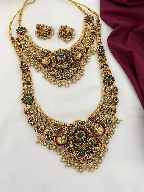 Viva_Jewels_Royal_Antique_Gold_Temple_Combo_Set_–_Crescent_Kemp_&_Peacock_Medium_Necklace_&_Long_Haram_with_Jhumkas