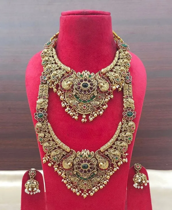 Viva_Jewels_Royal_Antique_Gold_Temple_Combo_Set_–_Crescent_Kemp_&_Peacock_Medium_Necklace_&_Long_Haram_with_Jhumkas