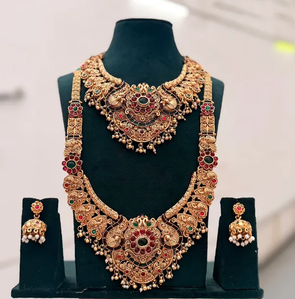 Viva_Jewels_Royal_Antique_Gold_Temple_Combo_Set_–_Crescent_Kemp_&_Peacock_Medium_Necklace_&_Long_Haram_with_Jhumkas