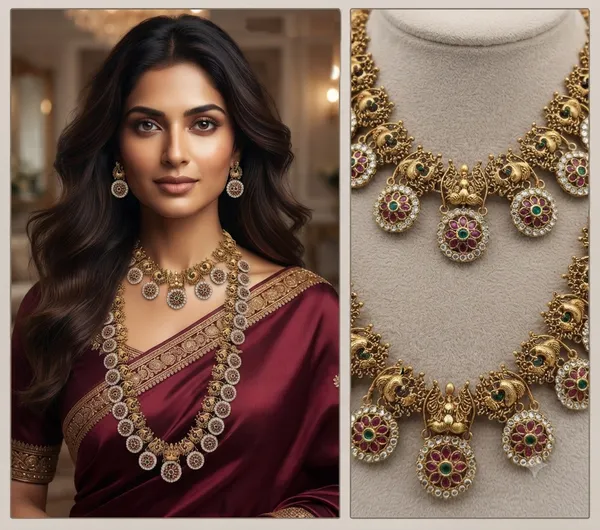 Viva_Jewels_Royal_Antique_Gold_Temple_Combo_Set_–_Medium_Necklace_&_Long_Haram_with_Floral_Kemp_Medallions,_Peacock_Motifs_&_Earrings