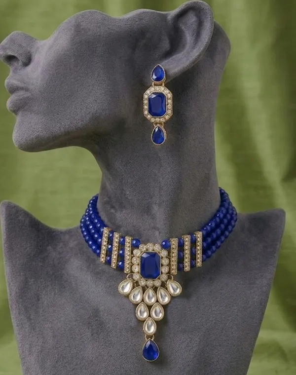 Viva_Jewels_Royal_Blue_Choker_Set_–_Gold-Plated_Statement_Necklace_with_Quad-Strand_Cobalt_Beads,_Emerald-Cut_Centerpiece,_and_Matching_Drop_Earrings