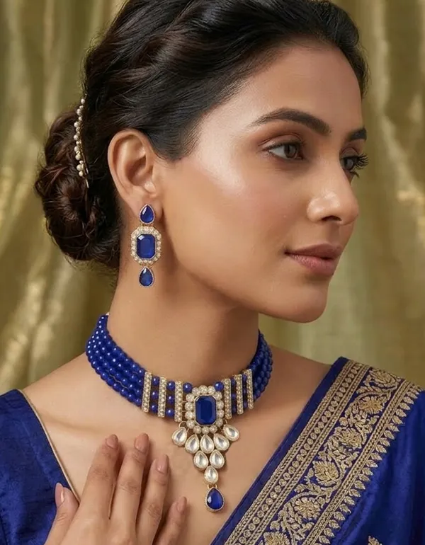 Viva_Jewels_Royal_Blue_Choker_Set_–_Gold-Plated_Statement_Necklace_with_Quad-Strand_Cobalt_Beads,_Emerald-Cut_Centerpiece,_and_Matching_Drop_Earrings