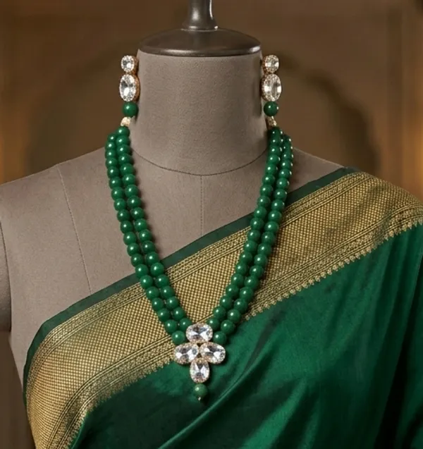 Viva_Jewels_Royal_Double-Strand_Emerald_Green_Beaded_Haar_Set_–_Premium_Gold-Plated_Kundan_Clover_Pendant_Mala_with_Matching_Drop_Earrings_for_Festive_&_Wedding_Wear