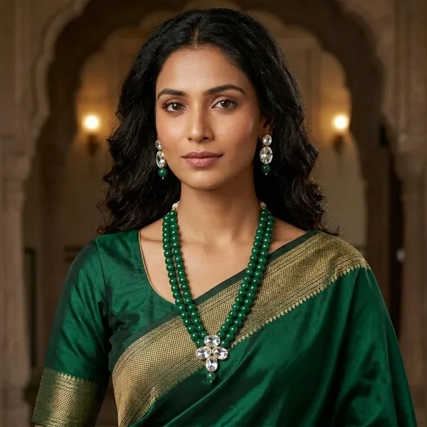 Viva_Jewels_Royal_Double-Strand_Emerald_Green_Beaded_Haar_Set_–_Premium_Gold-Plated_Kundan_Clover_Pendant_Mala_with_Matching_Drop_Earrings_for_Festive_&_Wedding_Wear