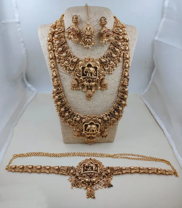 Viva_Jewels_Royal_Elephant_Temple_Bridal_Combo_Set_–_5-Piece_Antique_Gold_Set_with_Short_Necklace,_Long_Haram,_Vaddanam,_Jhumkas_&_Maang_Tikka