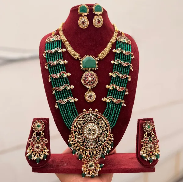 Viva_Jewels_Royal_Emerald_Heritage_Ensemble_–_Antique_Gold-Plated_Grand_Multi-Strand_Haram_with_Statement_Choker_and_Matching_Heritage_Earrings