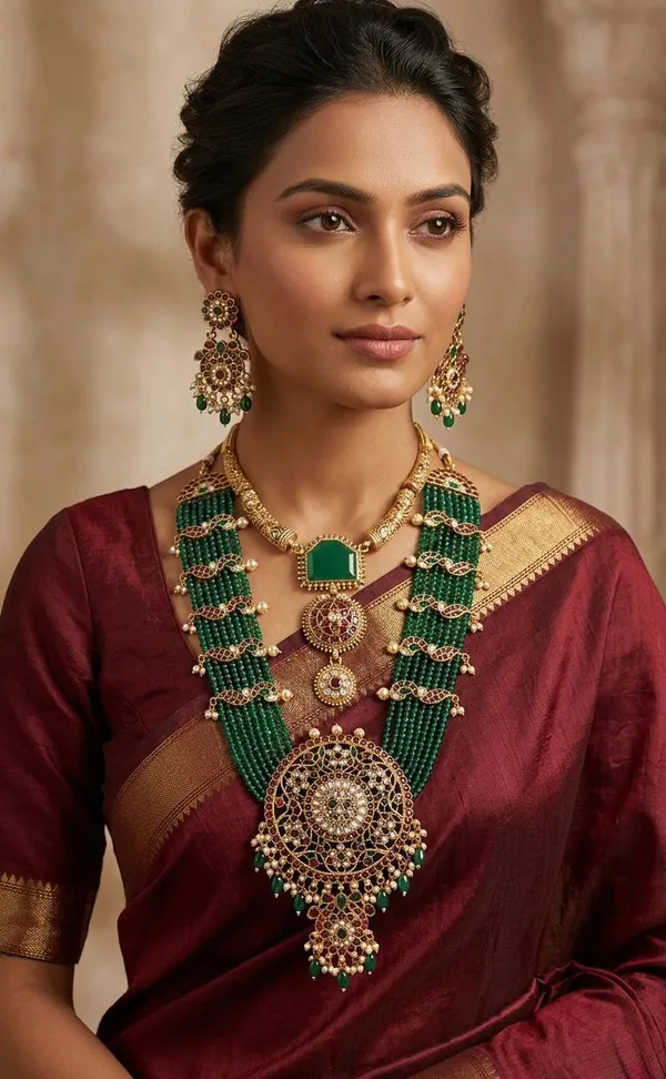 Viva_Jewels_Royal_Emerald_Heritage_Ensemble_–_Antique_Gold-Plated_Grand_Multi-Strand_Haram_with_Statement_Choker_and_Matching_Heritage_Earrings