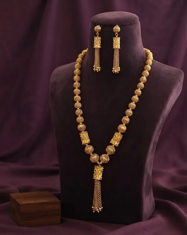 Viva_Jewels_Royal_Filigree_Gold_Mesh_Sphere_&_Barrel_Long_Haram_Set_–_22K_Gold_Plated_Beaded_Long_Necklace_with_Tassel_Pendant_&_Matching_Earrings