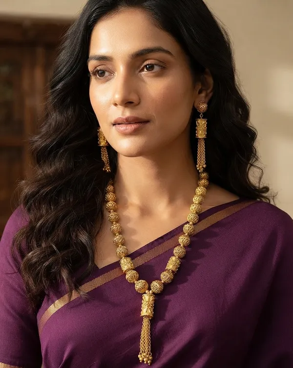 Viva_Jewels_Royal_Filigree_Gold_Mesh_Sphere_&_Barrel_Long_Haram_Set_–_22K_Gold_Plated_Beaded_Long_Necklace_with_Tassel_Pendant_&_Matching_Earrings