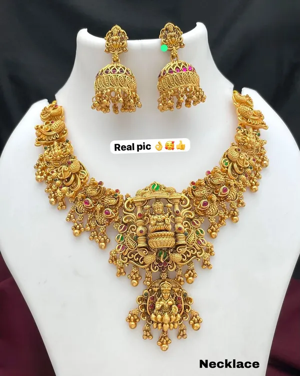Viva_Jewels_Royal_Goddess_Lakshmi_Temple_Necklace_Set_–_Antique_Matte_Gold_Bridal_Choker_with_Ruby-Emerald_Kemp_Accents_&_Matching_Jhumkas