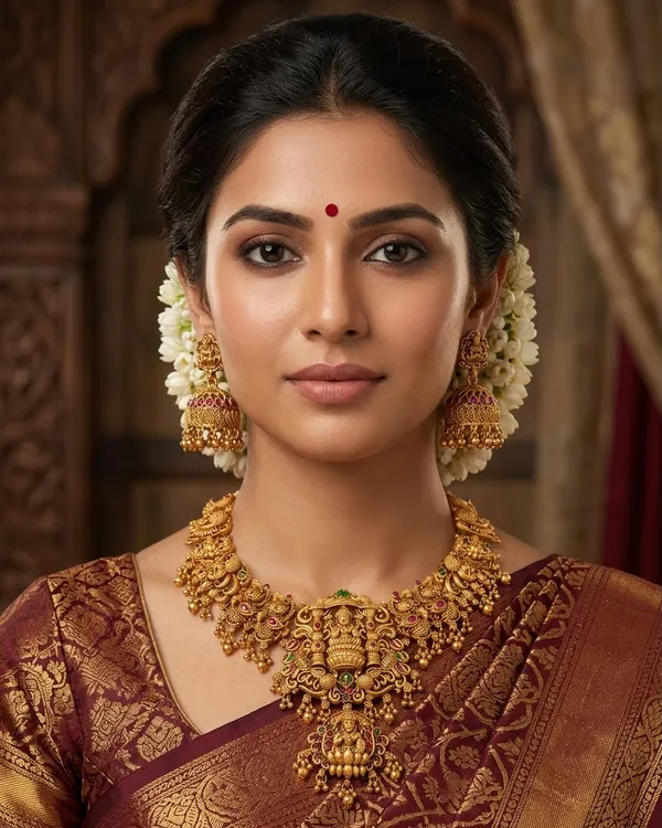 Viva_Jewels_Royal_Goddess_Lakshmi_Temple_Necklace_Set_–_Antique_Matte_Gold_Bridal_Choker_with_Ruby-Emerald_Kemp_Accents_&_Matching_Jhumkas