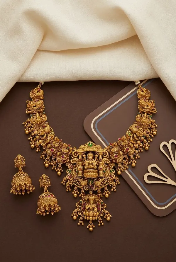 Viva_Jewels_Royal_Goddess_Lakshmi_Temple_Necklace_Set_–_Antique_Matte_Gold_Bridal_Choker_with_Ruby-Emerald_Kemp_Accents_&_Matching_Jhumkas
