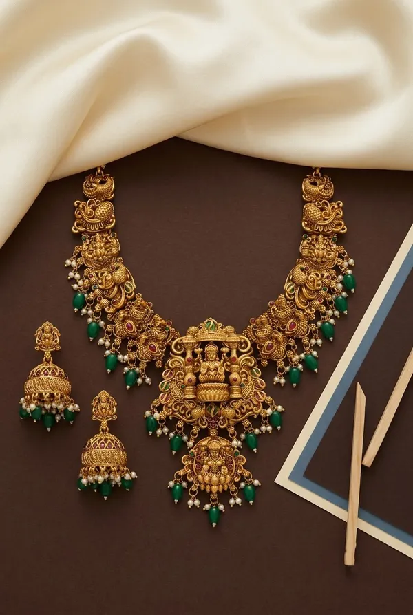 Viva_Jewels_Royal_Goddess_Lakshmi_Temple_Necklace_Set_–_Antique_Matte_Gold_Choker_with_Emerald_Beads_&_Pearl_Drop_Jhumkas