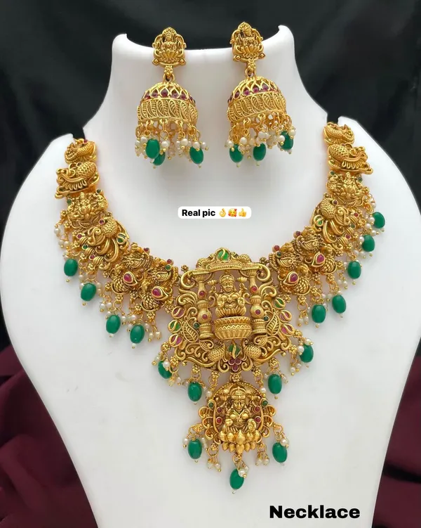 Viva_Jewels_Royal_Goddess_Lakshmi_Temple_Necklace_Set_–_Antique_Matte_Gold_Choker_with_Emerald_Beads_&_Pearl_Drop_Jhumkas
