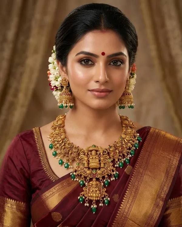 Viva_Jewels_Royal_Goddess_Lakshmi_Temple_Necklace_Set_–_Antique_Matte_Gold_Choker_with_Emerald_Beads_&_Pearl_Drop_Jhumkas