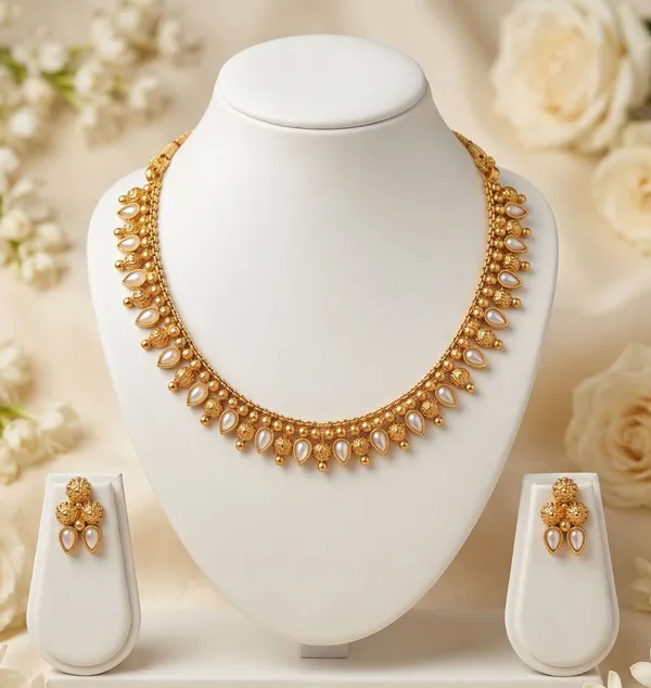 Viva_Jewels_Royal_Gold-Plated_Pearl_Drop_Necklace_Set_–_22K_Antique_Finish_Floral_Motif_Necklace_with_Luminous_Pearl_Teardrops_and_Matching_Statement_Earrings