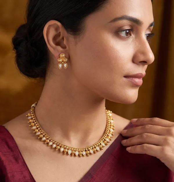 Viva_Jewels_Royal_Gold-Plated_Pearl_Drop_Necklace_Set_–_22K_Antique_Finish_Floral_Motif_Necklace_with_Luminous_Pearl_Teardrops_and_Matching_Statement_Earrings