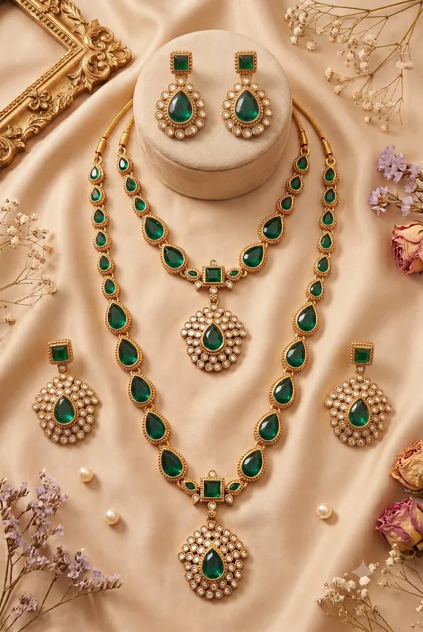 Viva_Jewels_Royal_Green_Kundan_Bridal_Combo_Set_–_Multi-Layered_Green_Teardrop_Necklace,_Long_Haram_&_Matching_Earrings