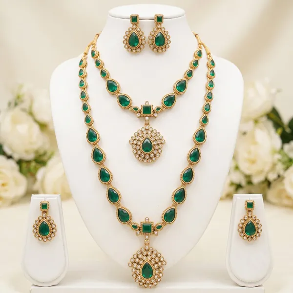 Viva_Jewels_Royal_Green_Kundan_Bridal_Combo_Set_–_Multi-Layered_Green_Teardrop_Necklace,_Long_Haram_&_Matching_Earrings