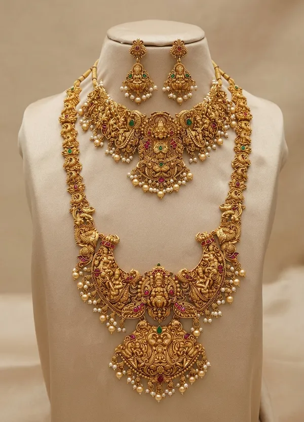 Viva_Jewels_Royal_Heritage_Lakshmi_Combo_–_Antique_Gold-Plated_Grand_Long_Haram_&_Matching_Heavy_Choker_Set_with_Temple_Motifs_and_Pearl_Droplets