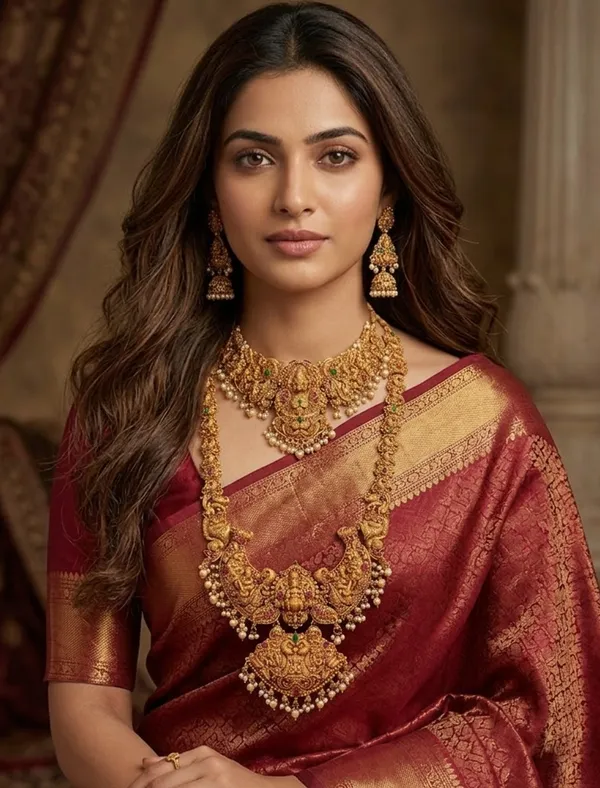 Viva_Jewels_Royal_Heritage_Lakshmi_Combo_–_Antique_Gold-Plated_Grand_Long_Haram_&_Matching_Heavy_Choker_Set_with_Temple_Motifs_and_Pearl_Droplets