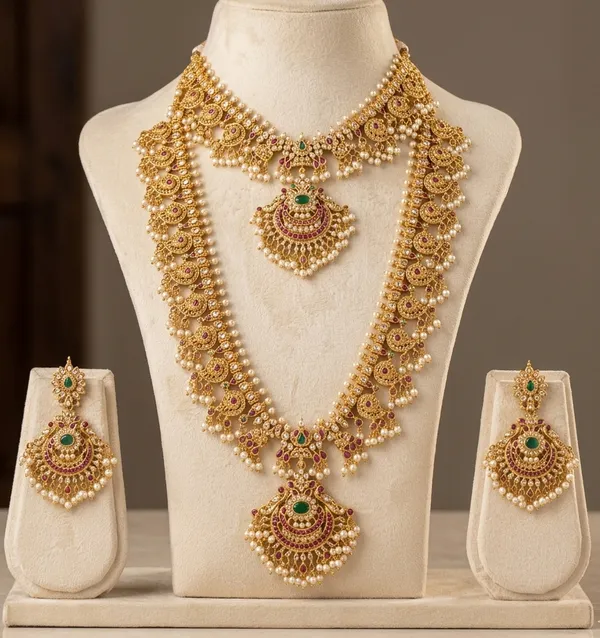 Viva_Jewels_Royal_Heritage_Temple_Ensemble_–_Antique_Gold-Plated_Grand_Guttapusalu_Haram,_Matching_Choker,_and_Chandbali_Earring_Set_with_Kemp-Style_Emerald_Accents