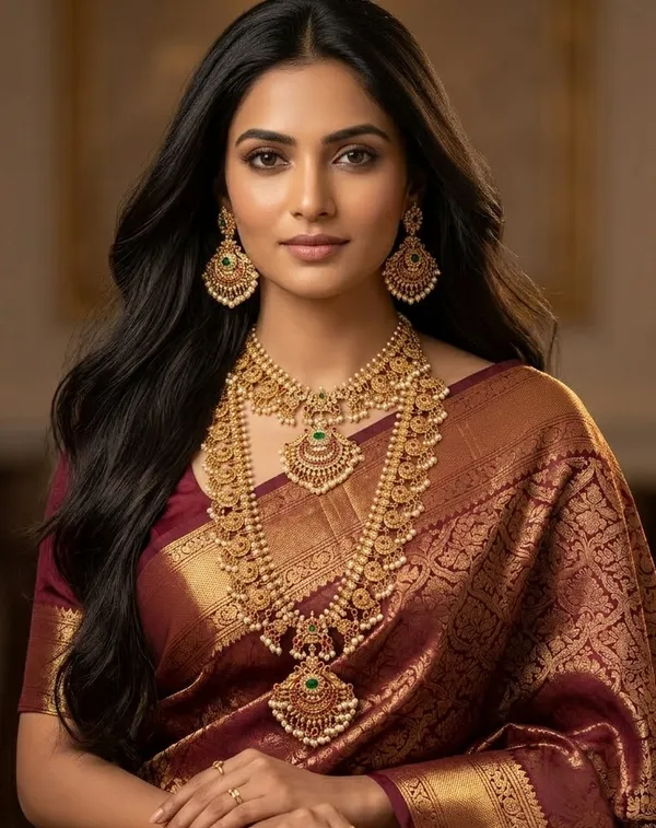 Viva_Jewels_Royal_Heritage_Temple_Ensemble_–_Antique_Gold-Plated_Grand_Guttapusalu_Haram,_Matching_Choker,_and_Chandbali_Earring_Set_with_Kemp-Style_Emerald_Accents