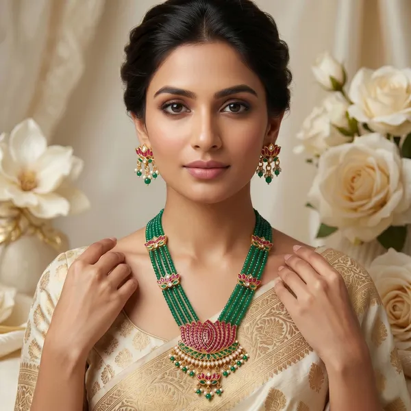 Viva_Jewels_Royal_Lotus_Heritage_Haar_–_Multi-Strand_Emerald-Green_Beaded_Necklace_with_Ruby-Red_Enamel_Lotus_Pendant_and_Matching_Earrings