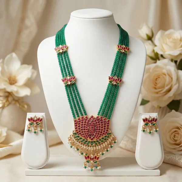 Viva_Jewels_Royal_Lotus_Heritage_Haar_–_Multi-Strand_Emerald-Green_Beaded_Necklace_with_Ruby-Red_Enamel_Lotus_Pendant_and_Matching_Earrings