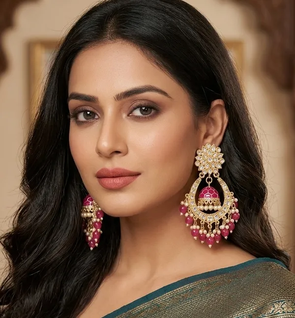 Viva_Jewels_Royal_Magenta_Meenakari_Jhumka_Earrings_–_Gold-Plated_Chandbali_Drops_with_Kundan_&_Pearl_Clusters