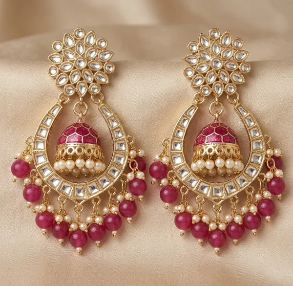 Viva_Jewels_Royal_Magenta_Meenakari_Jhumka_Earrings_–_Gold-Plated_Chandbali_Drops_with_Kundan_&_Pearl_Clusters