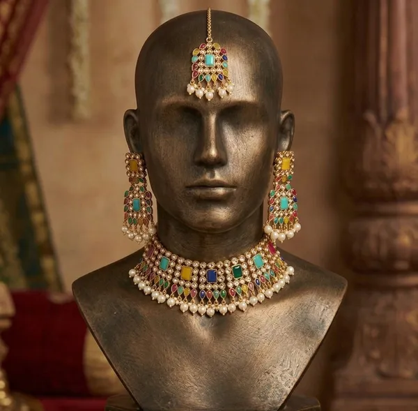 Viva_Jewels_Royal_Navratna_Heritage_Choker_Set_–_Gold-Plated_Multi-Gemstone_Bridal_Necklace_with_Matching_Earrings_&_Maang_Tikka
