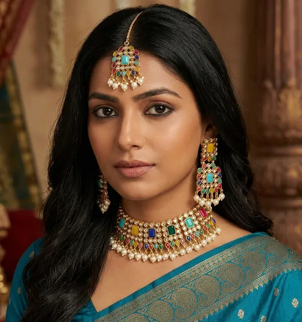 Viva_Jewels_Royal_Navratna_Heritage_Choker_Set_–_Gold-Plated_Multi-Gemstone_Bridal_Necklace_with_Matching_Earrings_&_Maang_Tikka