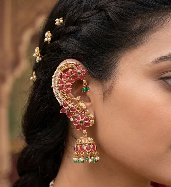Viva_Jewels_Royal_Peacock_Garden_Ear-Cuff_–_Gold-Plated_Full-Ear_Crawler_with_Intricate_Floral_Engravings,_Ruby-Emerald_Kemp_Stones,_and_Pearl-Fringed_Jhumka