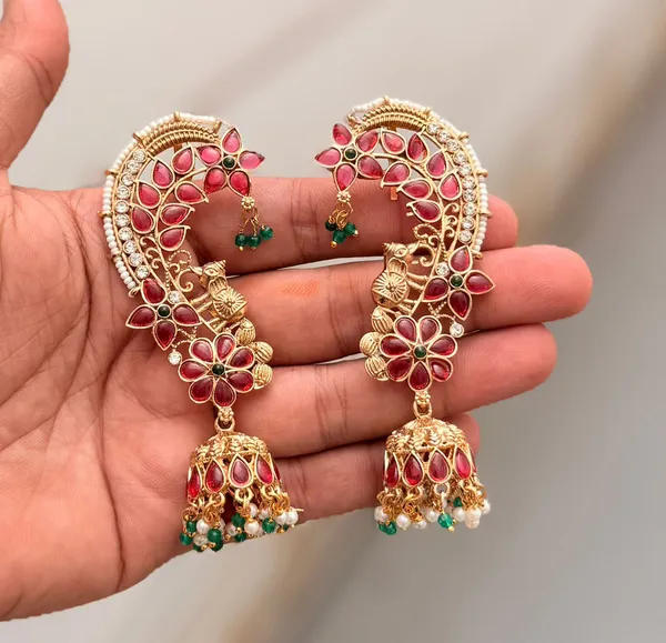 Viva_Jewels_Royal_Peacock_Garden_Ear-Cuff_–_Gold-Plated_Full-Ear_Crawler_with_Intricate_Floral_Engravings,_Ruby-Emerald_Kemp_Stones,_and_Pearl-Fringed_Jhumka