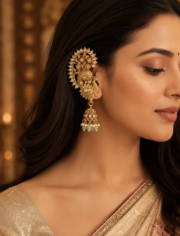 Viva_Jewels_Royal_Peacock_Gold_Ear_Cuff_Jhumkas_–_Antique_Gold_Kundan_&_Pearl_Full_Ear_Wrap_Bridal_Earrings