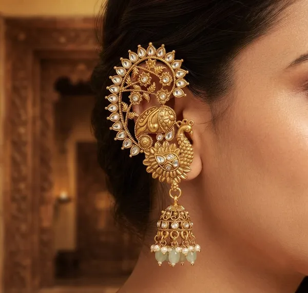Viva_Jewels_Royal_Peacock_Gold_Ear_Cuff_Jhumkas_–_Antique_Gold_Kundan_&_Pearl_Full_Ear_Wrap_Bridal_Earrings