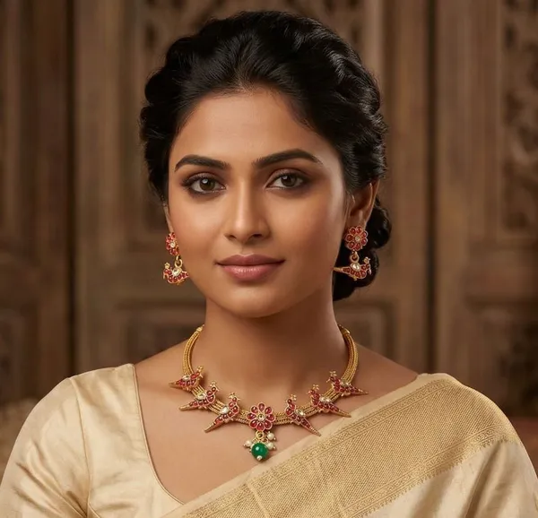 Viva_Jewels_Royal_Peacock_Heritage_Choker_–_Gold-Plated_Traditional_Necklace_with_Ruby-Red_Stones,_Central_Floral_Pendant,_and_Matching_Bird-Motif_Earrings