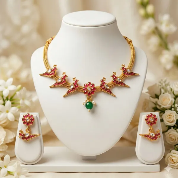 Viva_Jewels_Royal_Peacock_Heritage_Choker_–_Gold-Plated_Traditional_Necklace_with_Ruby-Red_Stones,_Central_Floral_Pendant,_and_Matching_Bird-Motif_Earrings