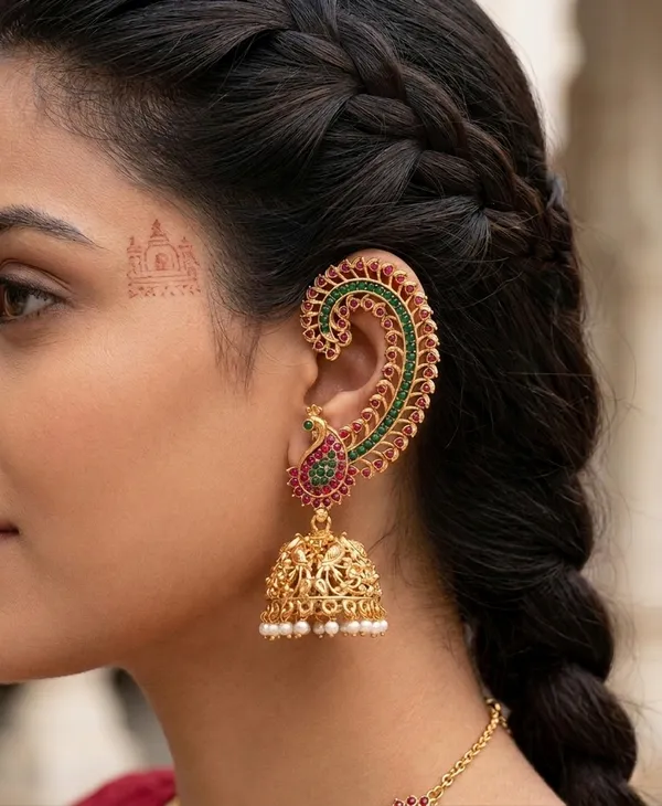 Viva_Jewels_Royal_Peacock_Heritage_Ear-Cuff_–_Gold-Plated_Full-Ear_Crawler_with_Ruby-Emerald_Kemp_Stones,_Integrated_Jhumka,_and_Pearl_Droplets
