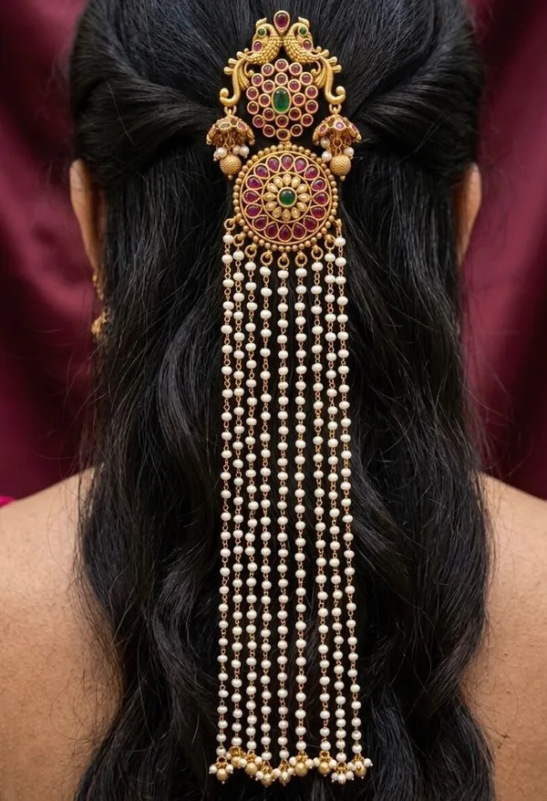 Viva_Jewels_Royal_Peacock_Temple_Antique_Gold_Full_Hair_Extension_Set_–_Multi-Layered_Side_Chains_with_Cascading_Pearl_Braid_Tassels