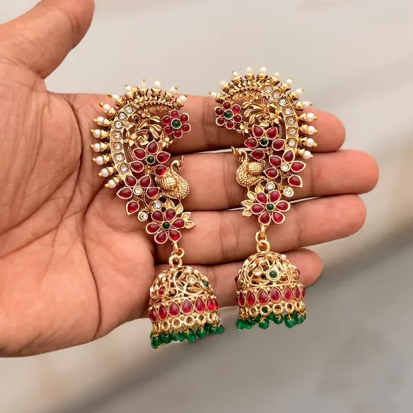 Viva_Jewels_Royal_Peacock_&_Floral_Dual-Tone_Kemp_Ear_Cuff_Jhumkas_–_Antique_Gold_Plated_Ear_Cuffs_with_Pearl_Crest_&_Green_Bead_Jhumka_Drops